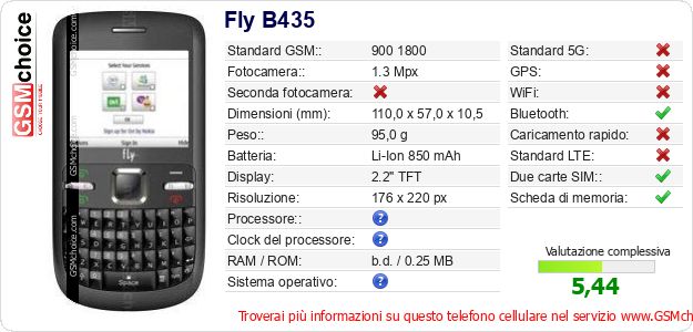 Fly B435 Dati tecnici di telefono cellulare 