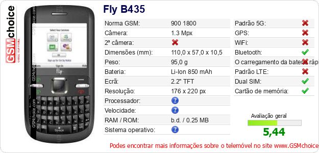 Fly B435 Especificações técnicas do telemóvel 