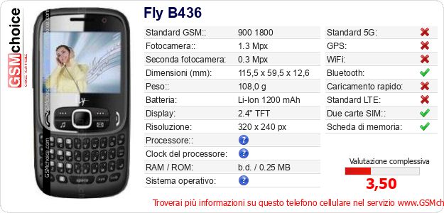 Fly B436 Dati tecnici di telefono cellulare Fly B436 Dati tecnici di telefono cellulare