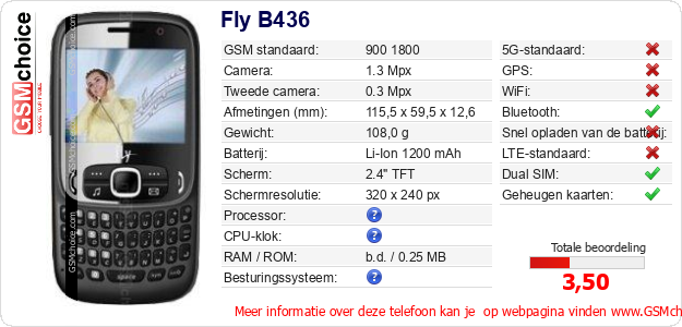 Fly B436 Technische gegevens 