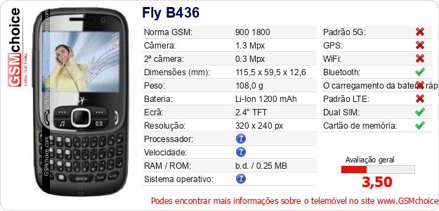Fly B436 Especificações técnicas do telemóvel Fly B436 Especificações técnicas do telemóvel