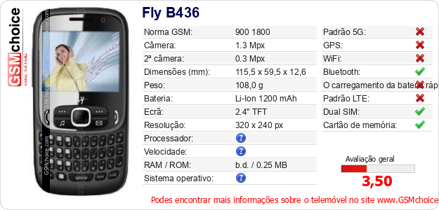 Fly B436 Especificações técnicas do telemóvel 