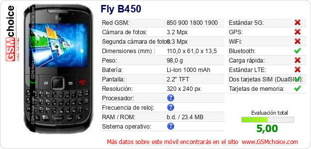 Fly B450 Datos técnicos del móvil 