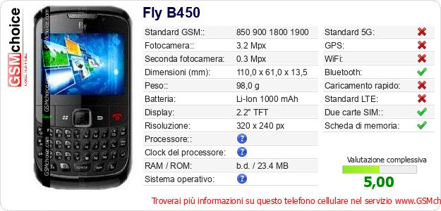 Fly B450 Dati tecnici di telefono cellulare 
