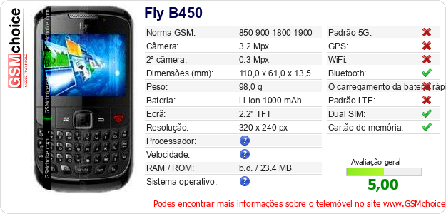Fly B450 Especificações técnicas do telemóvel 