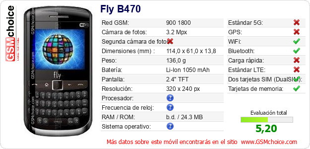 Fly B470 Datos técnicos del móvil Fly B470 Datos técnicos del móvil