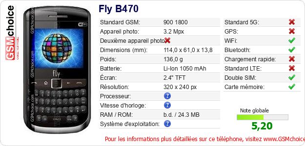 Fly B470 Fiche technique Fly B470 Fiche technique