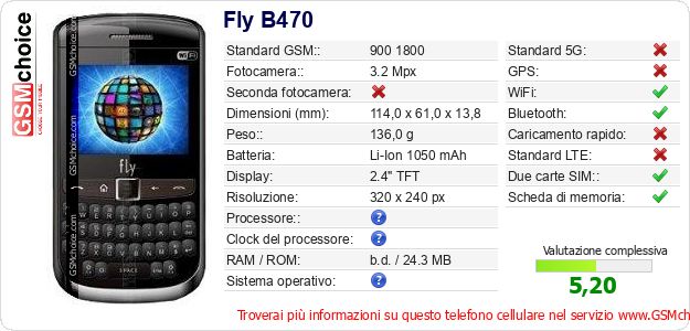 Fly B470 Dati tecnici di telefono cellulare 