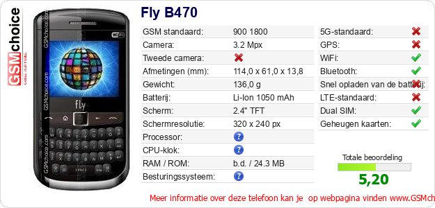 Fly B470 Technische gegevens 