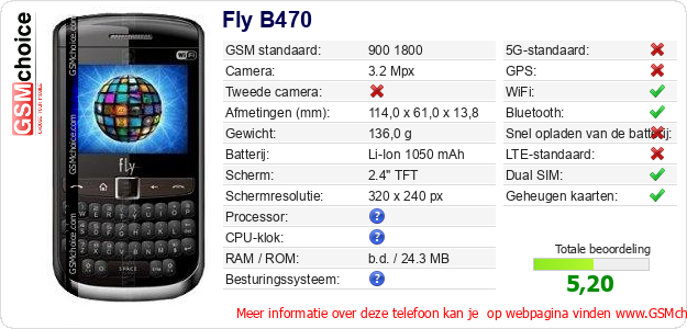 Fly B470 Technische gegevens Fly B470 Technische gegevens