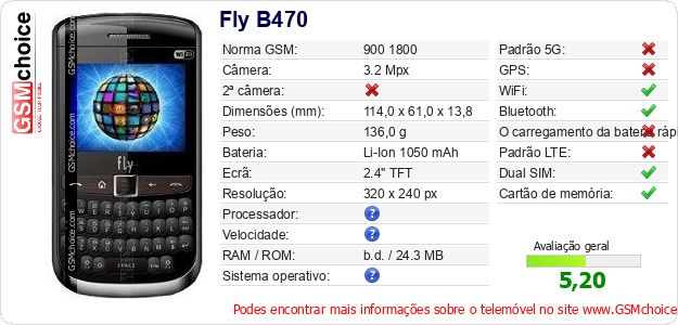 Fly B470 Especificações técnicas do telemóvel Fly B470 Especificações técnicas do telemóvel