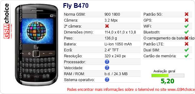 Fly B470 Especificações técnicas do telemóvel 