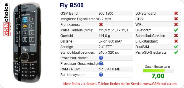 Fly B500 technische Daten Fly B500 technische Daten