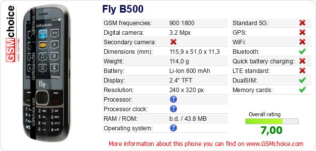 Fly B500 technical specifications Fly B500 technical specifications