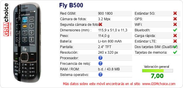 Fly B500 Datos técnicos del móvil 