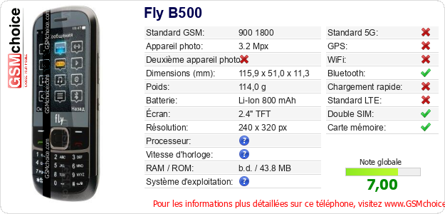 Fly B500 Fiche technique