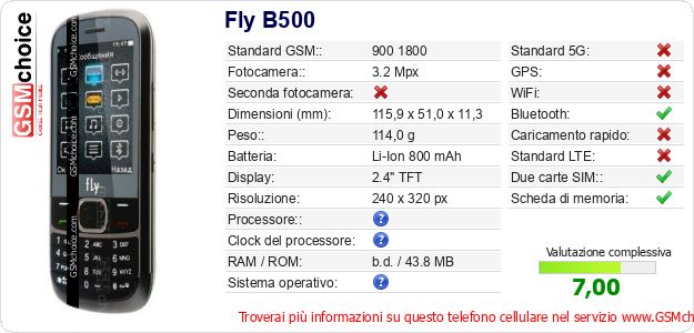 Fly B500 Dati tecnici di telefono cellulare 