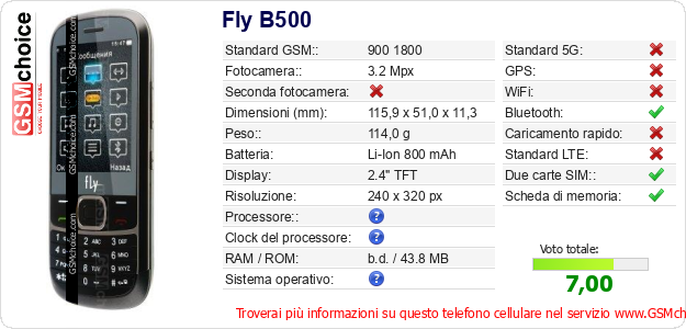 Fly B500 Dati tecnici di telefono cellulare Fly B500 Dati tecnici di telefono cellulare