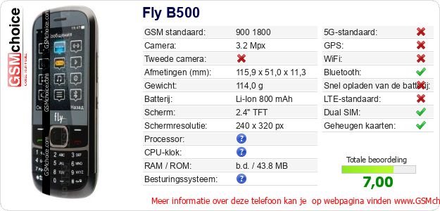 Fly B500 Technische gegevens Fly B500 Technische gegevens