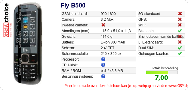 Fly B500 Technische gegevens Fly B500 Technische gegevens