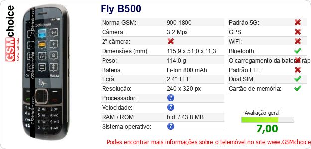 Fly B500 Especificações técnicas do telemóvel 