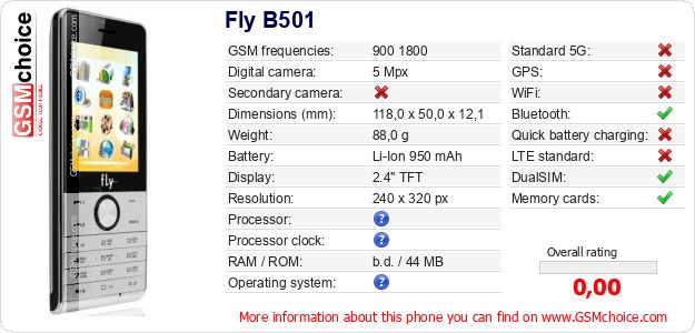 Fly B501 technical specifications Fly B501 technical specifications
