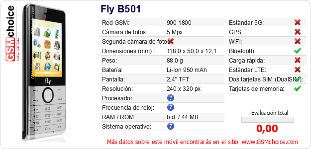 Fly B501 Datos técnicos del móvil 