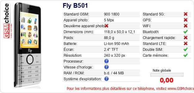 Fly B501 Fiche technique