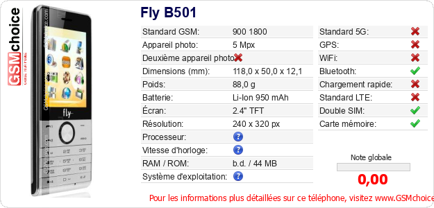 Fly B501 Fiche technique Fly B501 Fiche technique