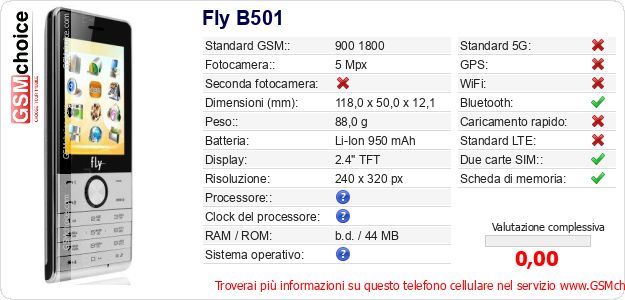 Fly B501 Dati tecnici di telefono cellulare 