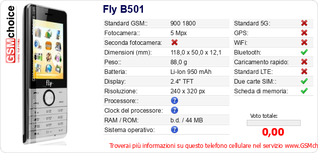Fly B501 Dati tecnici di telefono cellulare 