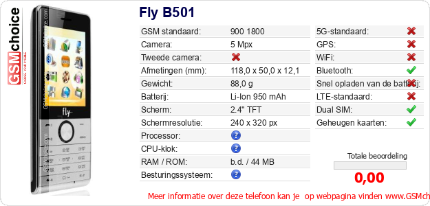 Fly B501 Technische gegevens 