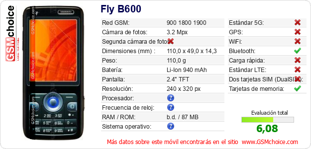 Fly B600 Datos técnicos del móvil 