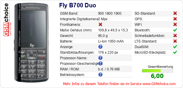 Fly B700 Duo technische Daten Fly B700 Duo technische Daten
