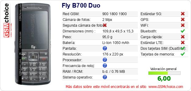 Fly B700 Duo Datos técnicos del móvil Fly B700 Duo Datos técnicos del móvil
