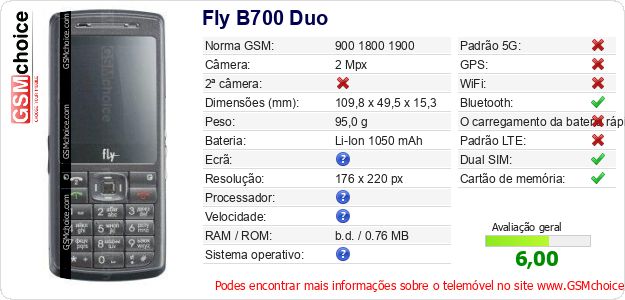 Fly B700 Duo Especificações técnicas do telemóvel 