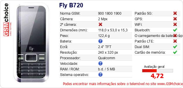 Fly B720 Especificações técnicas do telemóvel Fly B720 Especificações técnicas do telemóvel
