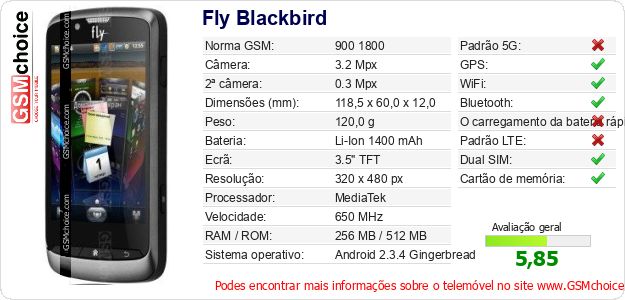 Fly Blackbird Especificações técnicas do telemóvel 