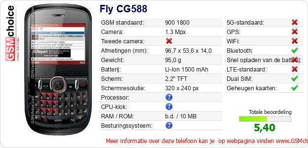 Fly CG588 Technische gegevens 