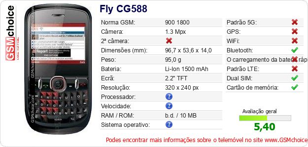 Fly CG588 Especificações técnicas do telemóvel Fly CG588 Especificações técnicas do telemóvel