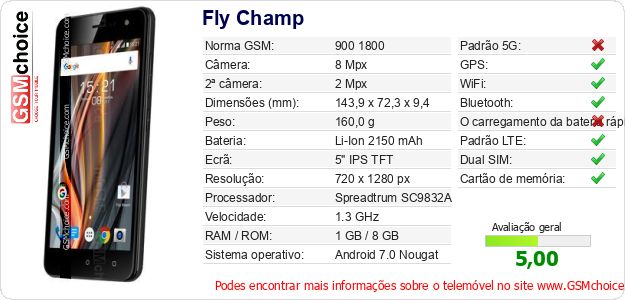 Fly Champ Especificações técnicas do telemóvel 