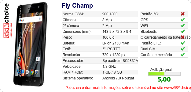Fly Champ Especificações técnicas do telemóvel 