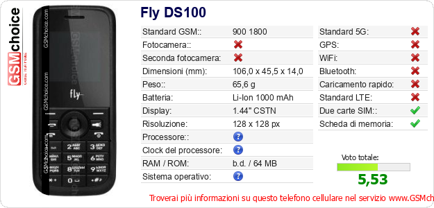 Fly DS100 Dati tecnici di telefono cellulare Fly DS100 Dati tecnici di telefono cellulare