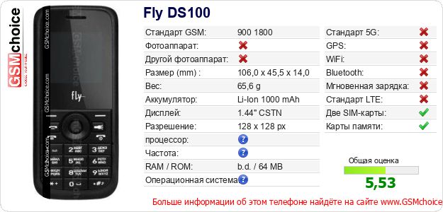 Fly DS100 Технические данные телефона Fly DS100 Технические данные телефона