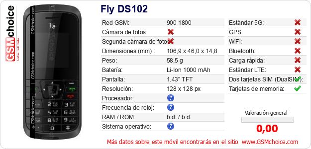 Fly DS102 Datos técnicos del móvil 