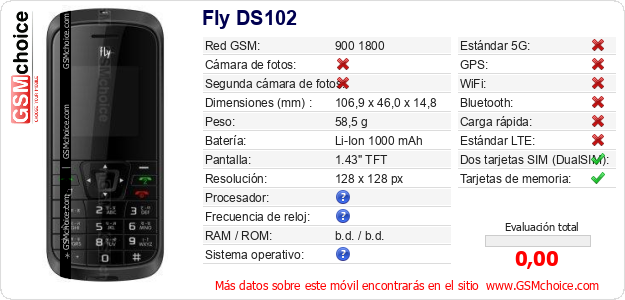 Fly DS102 Datos técnicos del móvil 