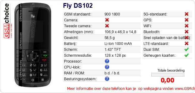 Fly DS102 Technische gegevens Fly DS102 Technische gegevens