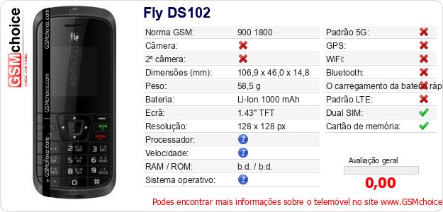 Fly DS102 Especificações técnicas do telemóvel 