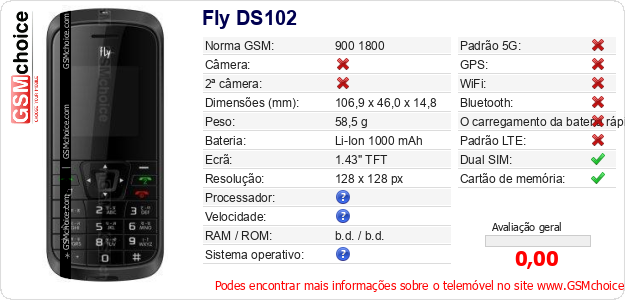 Fly DS102 Especificações técnicas do telemóvel 