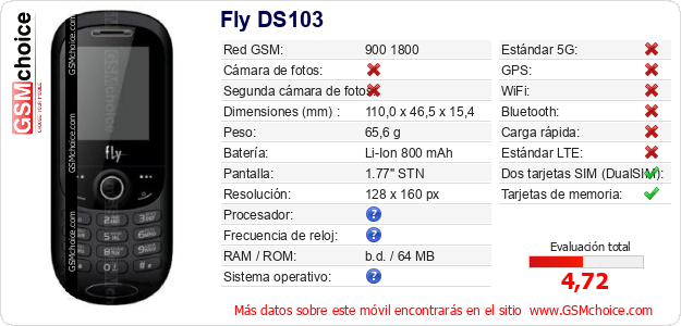 Fly DS103 Datos técnicos del móvil Fly DS103 Datos técnicos del móvil
